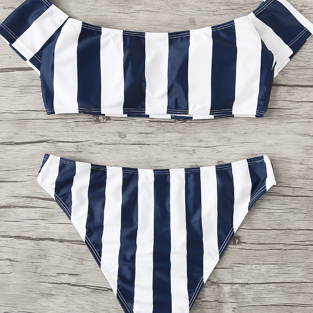 Navy Striped Off Shoulder Bikini Set - Picture 2 of 2